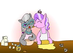 Size: 1024x737 | Tagged: safe, artist:merkleythedrunken, character:diamond tiara, character:silver spoon, species:pony, ship:silvertiara, apron, clothing, cookie, female, filly, glasses, honey, lesbian, licking, one eye closed, shipping