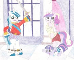 Size: 989x808 | Tagged: source needed, safe, artist:wjmmovieman, character:princess cadance, character:shining armor, character:twilight sparkle, assisted exposure, belt, boxers, clothing, filly twilight sparkle, humiliation, pants, pantsing, sword, traditional art, underwear, undressing