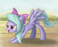 Size: 1500x1200 | Tagged: safe, artist:ric-m, character:flitter, species:pegasus, species:pony, episode:hurricane fluttershy, g4, my little pony: friendship is magic, bow, face down ass up, female, hair bow, looking forward, mare, open mouth, scene interpretation, solo, spread wings, stretching, track, wings