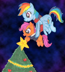Size: 1608x1773 | Tagged: safe, artist:catscratchpaper, character:rainbow dash, character:scootaloo, species:pegasus, species:pony, christmas, christmas star, christmas tree, holding a pony, holiday, scootalove, stars, tree