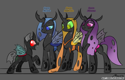 Size: 1328x856 | Tagged: safe, artist:srmario, oc, oc only, oc:ambrosia, oc:miasma, oc:myxine, oc:reinflak, species:changeling, bedroom eyes, blue changeling, changeling oc, changeling queen, changeling queen oc, cutie mark, excited, female, hybrid, open mouth, purple changeling, raised hoof, red changeling, smiling, yellow changeling
