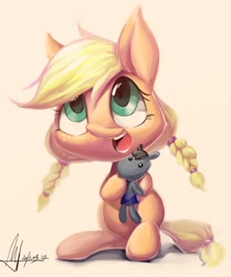 Size: 2244x2681 | Tagged: safe, artist:jggjqm522, character:applejack, alternate hairstyle, cute, female, filly, jackabetes, pigtails, simple background, sitting, solo, twintails