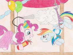 Size: 900x674 | Tagged: safe, artist:wjmmovieman, character:pinkie pie, character:rainbow dash, species:earth pony, species:pegasus, species:pony, abuse, angry, balloon, clothing, dashabuse, dress, female, fire extinguisher, hanging, hanging wedgie, hook, mare, panties, panty pull, prank, purple underwear, smiling, striped underwear, sweater, traditional art, underwear, wedgie