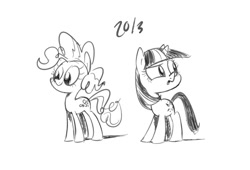Size: 1084x737 | Tagged: safe, artist:burrburro, character:pinkie pie, character:twilight sparkle, monochrome, sketch