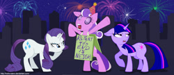 Size: 1632x704 | Tagged: safe, artist:hollowzero, character:rarity, character:screwball, character:twilight sparkle, fireworks, new year, repent, the end is neigh, trio