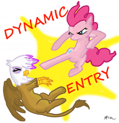 Size: 1552x1603 | Tagged: safe, artist:catscratchpaper, character:gilda, character:pinkie pie, species:griffon, dynamic entry, gildabuse, naruto