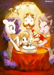 Size: 2000x2773 | Tagged: safe, artist:electrixocket, character:cookie crumbles, character:hondo flanks, character:rarity, character:sweetie belle, ship:cookieflanks, cake, family, high res, parent, shipping, spotlight, table