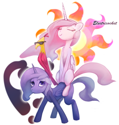 Size: 5120x5376 | Tagged: safe, artist:electrixocket, character:philomena, character:princess celestia, character:princess luna, absurd resolution, ponies riding ponies, swag