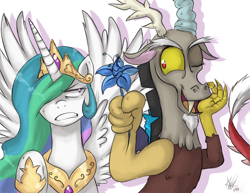 Size: 1200x927 | Tagged: dead source, safe, artist:crystal-secret, character:discord, character:princess celestia, ship:dislestia, discord being discord, female, male, poison joke, shipping, straight