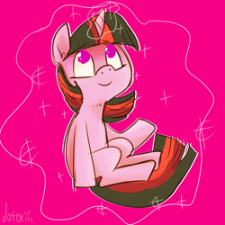 Size: 700x700 | Tagged: dead source, safe, artist:dotoriii, character:twilight sparkle, species:pony, species:unicorn, female, filly, looking up, magic, pink background, simple background, smiling, solo