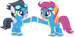 Size: 8000x4022 | Tagged: safe, artist:daringdashie, character:rumble, character:scootaloo, species:pegasus, species:pony, ship:rumbloo, absurd resolution, cute, female, goggles, happy, hilarious in hindsight, hoofbump, male, shipping, simple background, straight, transparent background, vector, wonderbolts, wonderbolts uniform