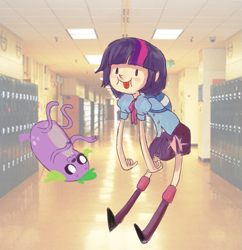 Size: 753x777 | Tagged: safe, artist:twitchykismet, character:spike, character:twilight sparkle, species:dog, species:human, my little pony:equestria girls, adventure time, backpack, blep, highschool, humanized, skinny, spike the dog, tongue out