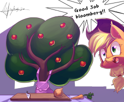 Size: 3965x3254 | Tagged: safe, artist:jggjqm522, character:applejack, character:bloomberg, apron, carrot, clothing, cooking, knife, onion