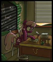 Size: 783x920 | Tagged: safe, artist:paper-pony, character:cheerilee, species:earth pony, species:pony, apple, chalkboard, female, food, inkwell, interior, mare, quill, scrunchy face, solo, sunset, working
