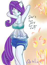 Size: 800x1100 | Tagged: safe, artist:penlink, character:rarity, species:anthro, 30 minute art challenge, armpits, blouse, clothing, female, midriff, shorts, solo