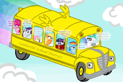 Size: 7200x4800 | Tagged: safe, artist:inkrose98, character:applejack, character:fluttershy, character:pinkie pie, character:princess celestia, character:rainbow dash, character:rarity, character:twilight sparkle, absurd resolution, book, bus, crossover, filly, flying, magic school bus, parody, school bus, sky, younger
