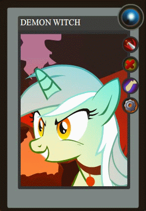 Size: 295x426 | Tagged: safe, artist:yudhaikeledai, part of a set, character:lyra heartstrings, animated, card, demon witch, dota 2, female, looking at you, part of a series, ponified dota 2 cards, solo