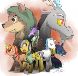 Size: 1662x1617 | Tagged: safe, artist:stupidyou3, character:ahuizotl, character:daring do, character:discord, oc, oc:disarray, oc:echo the diamond dog, oc:frost snap, oc:ginger snap, species:diamond dog, species:dragon, chessgame of the gods, fanfic, fanfic art, fanfic cover