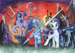 Size: 6920x4868 | Tagged: safe, artist:dalagar, character:rarity, character:spike, character:twilight sparkle, character:twilight sparkle (unicorn), species:dragon, species:pony, species:unicorn, absurd resolution, armor, book, canterlot, fantasy class, female, knight, lance, magic, male, mare, staff, telekinesis, traditional art, trio, warrior, weapon