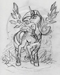Size: 500x627 | Tagged: safe, artist:vertizontal, character:nightmare rarity, character:rarity, species:alicorn, species:pony, alicornified, artificial wings, augmented, female, magic, magic wings, monochrome, race swap, raricorn, sketch, solo, traditional art, wings