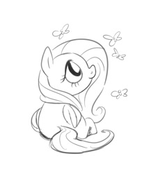 Size: 692x799 | Tagged: safe, artist:burrburro, character:fluttershy, species:pegasus, species:pony, butterfly, female, folded wings, looking at something, looking up, monochrome, profile, prone, simple background, sketch, solo, white background