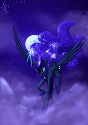 Size: 2480x3508 | Tagged: dead source, safe, artist:dalagar, character:princess luna, species:alicorn, species:pony, armor, female, flying, mare, moon, night, solo, stars