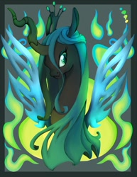 Size: 800x1035 | Tagged: safe, artist:vertizontal, character:queen chrysalis, species:changeling, bust, changeling queen, crown, female, fire, green eyes, green fire, horn, jewelry, regalia, solo, wings