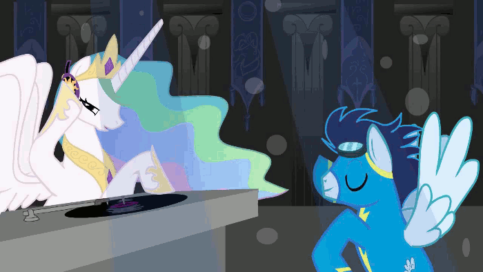 Size: 700x394 | Tagged: safe, artist:crowneprince, character:princess celestia, character:soarin', species:alicorn, species:pegasus, species:pony, animated, bipedal, dancing, disc jockey, eyes closed, hoofy-kicks, smiling, spread wings, turntable, wings