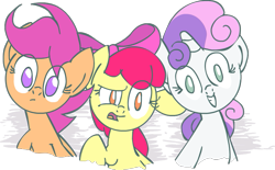 Size: 805x500 | Tagged: safe, artist:scrimpeh, character:apple bloom, character:scootaloo, character:sweetie belle, species:pegasus, species:pony, cutie mark crusaders, looking at you, smiling