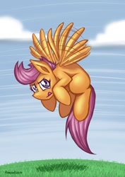 Size: 600x848 | Tagged: safe, artist:romanrazor, character:scootaloo, species:pegasus, species:pony, female, floating, flying, scootaloo can fly, solo