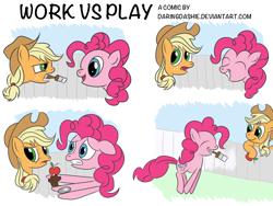 Size: 2048x1536 | Tagged: safe, artist:daringdashie, character:applejack, character:pinkie pie, comic, inverse tom sawyer, out of character, paintbrush, painting, tom sawyer