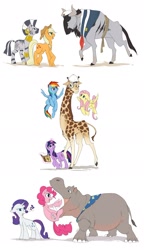 Size: 1253x2171 | Tagged: safe, artist:mr-tiaa, character:applejack, character:fluttershy, character:pinkie pie, character:rainbow dash, character:rarity, character:twilight sparkle, character:twilight sparkle (unicorn), character:zecora, oc, species:earth pony, species:pegasus, species:pony, species:unicorn, species:zebra, africa, animal, ear piercing, earring, female, giraffe, hippopotamus, jewelry, leg rings, magic, mane six, mare, monocle, neck rings, open mouth, original species, piercing, simple background, telekinesis, white background, wildebeest