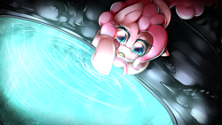 Size: 1920x1080 | Tagged: safe, artist:mixipony, character:pinkie pie, species:pony, episode:too many pinkie pies, g4, my little pony: friendship is magic, cave, cave pool, colored pupils, female, mirror pool, open mouth, scene interpretation, solo, water