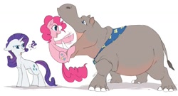 Size: 1150x621 | Tagged: safe, artist:mr-tiaa, character:pinkie pie, character:rarity, oc, species:earth pony, species:pony, species:unicorn, animal, confused, cropped, female, floppy ears, hippopotamus, implied vore, mare, open mouth, original species, raised eyebrow, simple background, smiling, trio, waving, white background