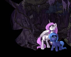 Size: 1280x1024 | Tagged: safe, artist:robd2003, character:princess celestia, character:princess luna, species:pony, comic:moon-fall, dark, filly, foal, forest, pink-mane celestia, wallpaper, woona, younger