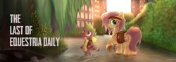 Size: 1000x350 | Tagged: safe, artist:mattatatta, character:fluttershy, character:spike, equestria daily, banner, bygone civilization, duo, headband, parody, plot, raised hoof, saddle bag, survivor shy, the last of us