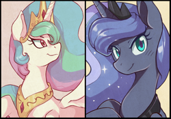 Size: 1428x994 | Tagged: safe, artist:sallymon, character:princess celestia, character:princess luna, species:alicorn, species:pony, female, looking at you, mare, open mouth, smiling