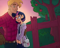 Size: 1280x1024 | Tagged: safe, artist:ric-m, character:big mcintosh, character:twilight sparkle, ship:twimac, female, fence, glasses, humanized, male, necktie, shipping, straight, sunset