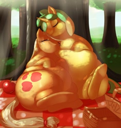 Size: 1280x1358 | Tagged: safe, artist:trinity-fate62, character:applejack, oc, apple, applefat, belly, canon x oc, fat, freckles, huge butt, large butt, obese, picnic, plot