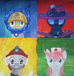 Size: 1070x1092 | Tagged: safe, artist:quiet-victories, character:alula, character:dinky hooves, character:mare do well, character:nurse redheart, character:pluto, astronaut, clothing, costume, firefighter, hat, helmet