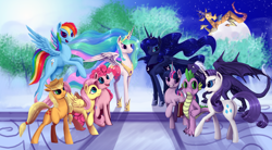 Size: 4500x2480 | Tagged: safe, artist:dalagar, character:applejack, character:discord, character:fluttershy, character:pinkie pie, character:princess celestia, character:princess luna, character:rainbow dash, character:rarity, character:spike, character:twilight sparkle, oc, mane seven, mane six, older
