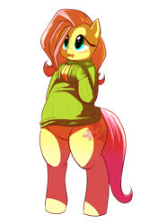 Size: 1280x1722 | Tagged: safe, artist:trinity-fate62, character:fluttershy, species:pony, bipedal, blushing, bottomless, chubby, clothing, fat, fattershy, female, flutterthighs, partial nudity, solo, sweater, sweatershy