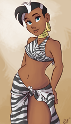 Size: 947x1650 | Tagged: safe, artist:ric-m, character:zecora, species:human, belly button, bikini top, clothing, female, gradient background, humanized, looking at you, midriff, sarong, solo