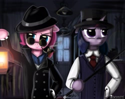 Size: 2514x1992 | Tagged: safe, artist:helenasherzblut, character:pinkie pie, character:twilight sparkle, species:pony, bipedal, clothing, glasses, hat, lantern, pipe, smoking, top hat