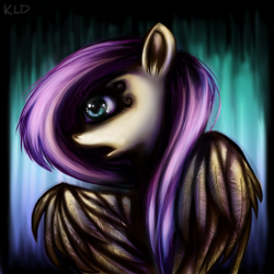 Size: 1200x1200 | Tagged: safe, artist:klalaskaxd, character:fluttershy, species:pegasus, species:pony, abstract background, bust, eyelashes, fear, female, mare, open mouth, profile, scared, solo, spread wings, wings