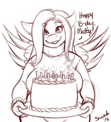 Size: 1245x1369 | Tagged: safe, artist:matthew-the-mouse, artist:sheela, character:fluttershy, species:anthro, birthday, cake, chubby, clothing, female, solo, sweater, sweatershy, turtleneck