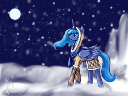 Size: 1600x1200 | Tagged: safe, artist:dalagar, character:princess luna, species:alicorn, species:pony, clothing, female, mare, snow, snowfall, solo