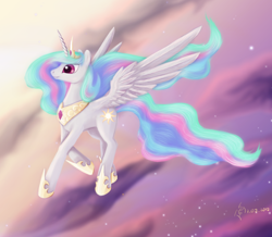 Size: 1600x1397 | Tagged: safe, artist:dalagar, character:princess celestia, species:alicorn, species:pony, cloud, female, flying, mare, signature, sky, solo, spread wings, stars, wings