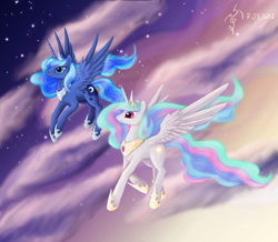 Size: 2200x1921 | Tagged: safe, artist:dalagar, character:princess celestia, character:princess luna, species:alicorn, species:pony, cloud, cloudy, duo, duo female, female, flying, mare, sisters, stars