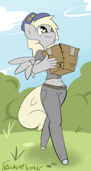 Size: 800x1500 | Tagged: safe, artist:tesslashy, character:derpy hooves, species:anthro, species:pegasus, species:unguligrade anthro, g4, belly button, box, clothing, female, mailpony, mare, midriff, panties, signature, solo, spread wings, thong, underwear, wings